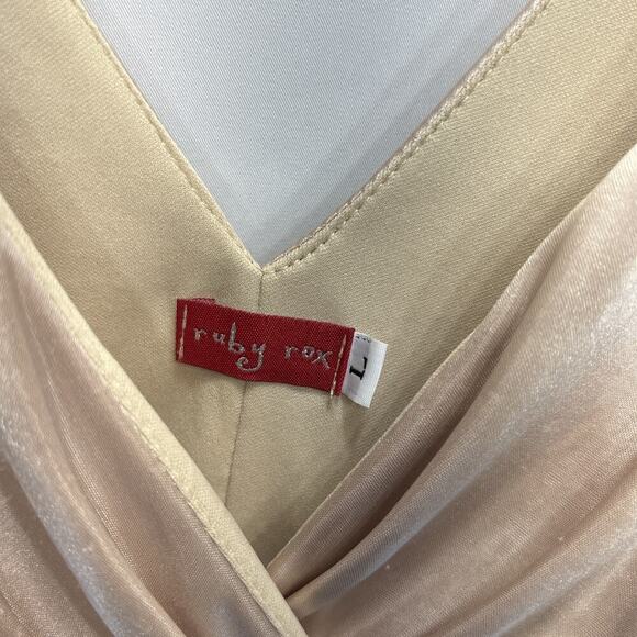 Ruby Rox Champagne Wrap-Front Balloon Hem Tie Dress L Vintage USA Coquette Chic - Picture 5 of 11